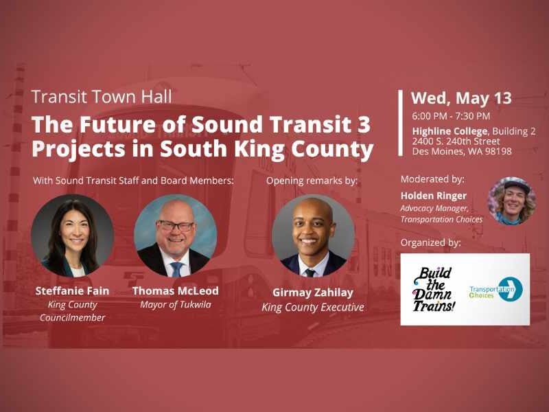 South King County leaders to speak at Transit Town Hall at Highline College on Wednesday, May 13