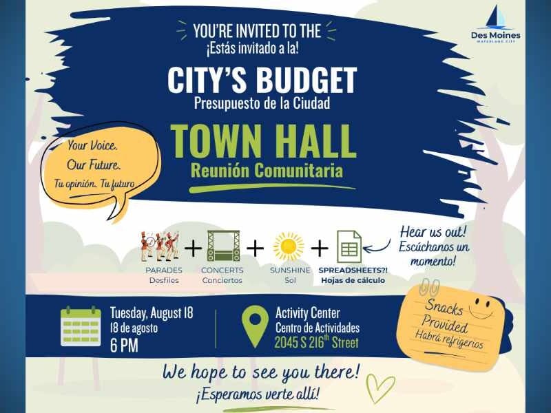 City of Des Moines Budget Town Hall on Tuesday, Aug. 18 will seek public input on city spending